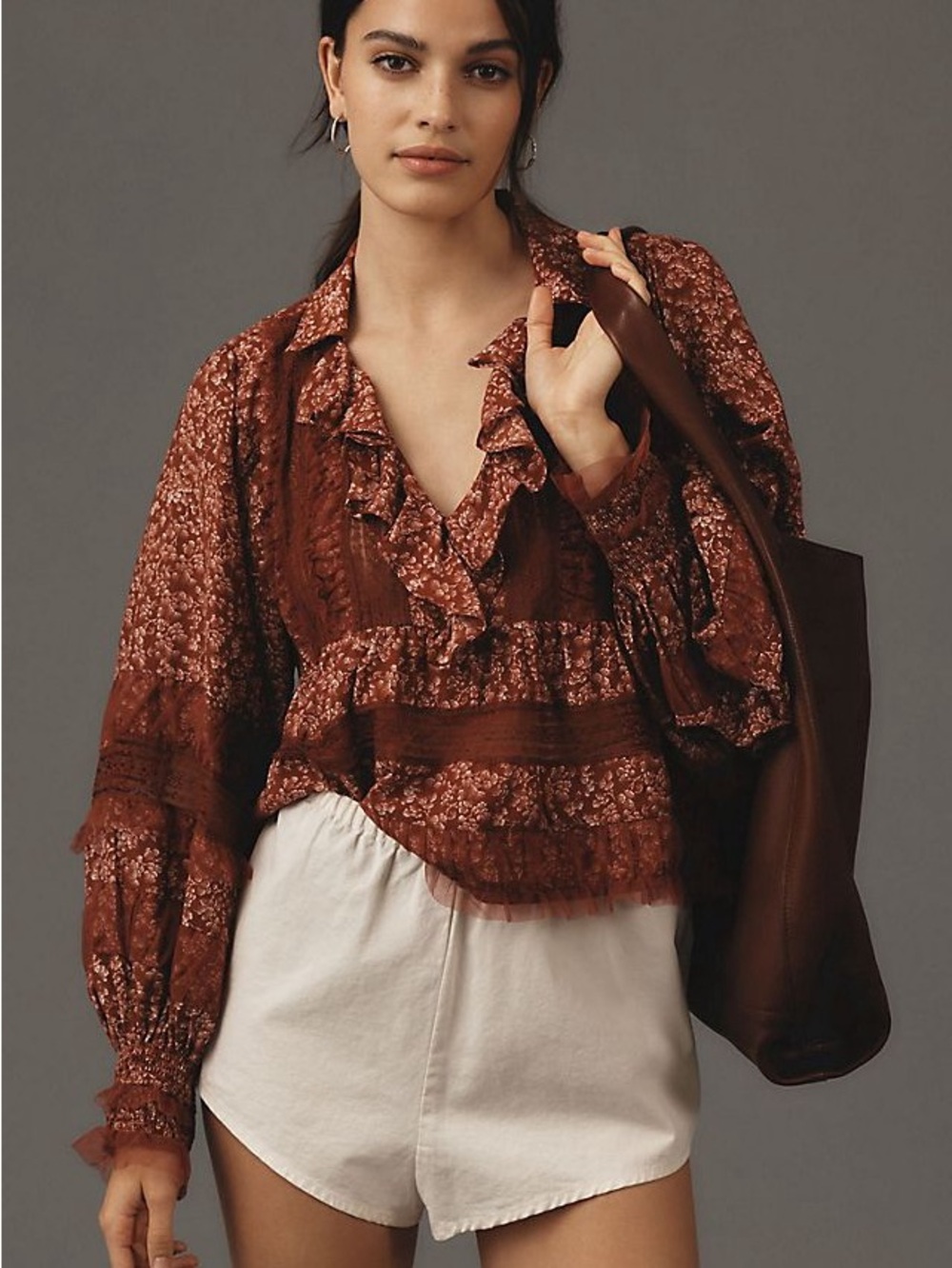 Anthropologie Rust Floral Ruffle V-Neck Blouse